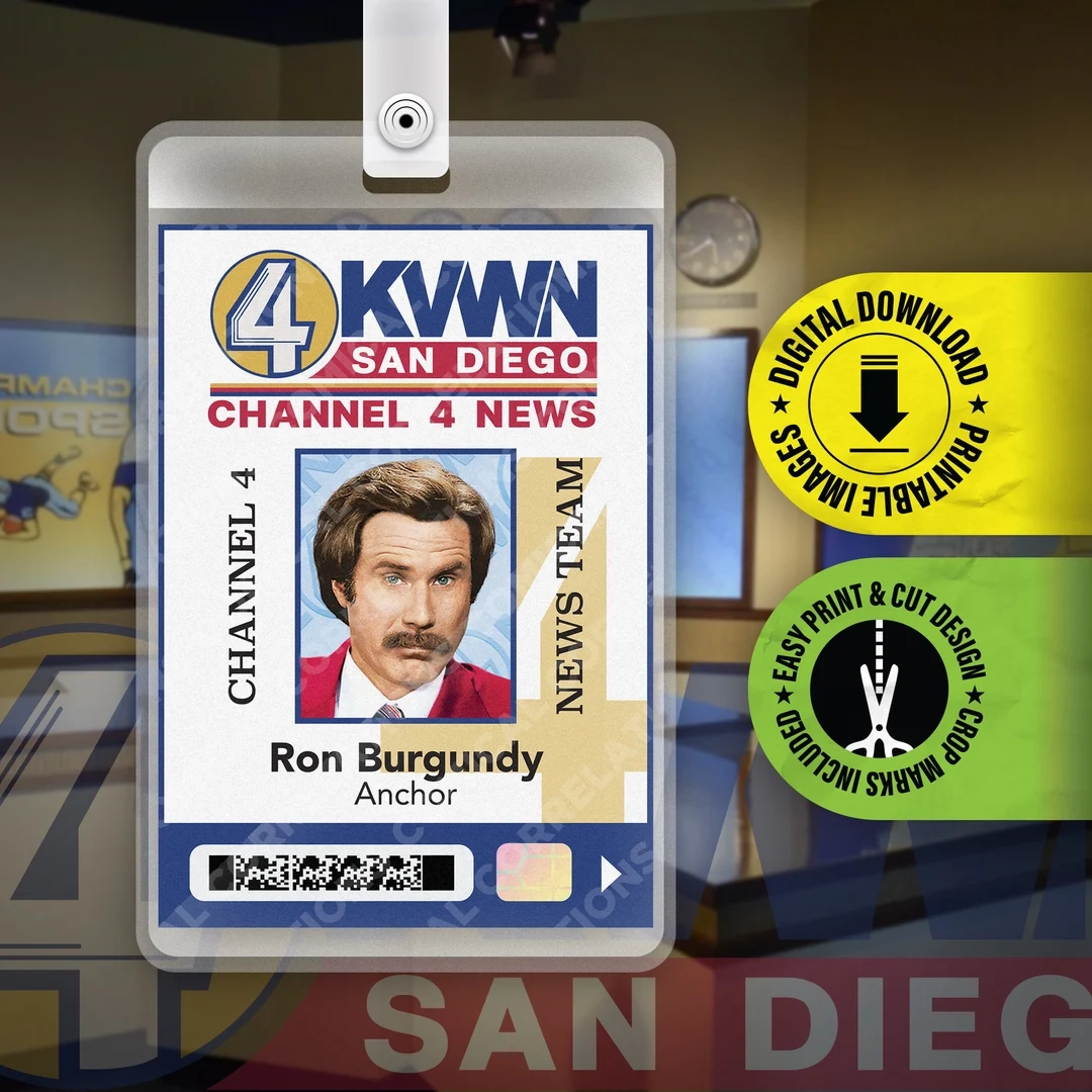 PRINTABLE PDF Anchorman Ron Burgundy Channel 4 News Press Pass ID Badge Card Halloween Cosplay Costume Prop Name Tag 2 375 In X 3 375in Etsy Ireland