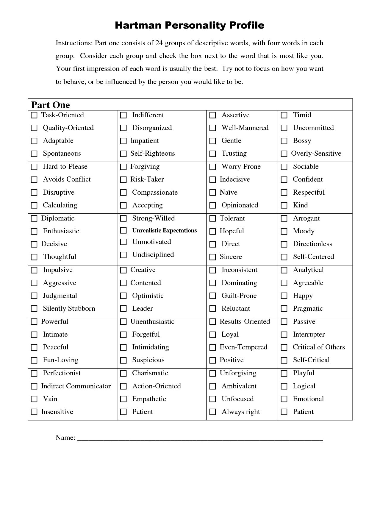 Personality Type Printable Quiz