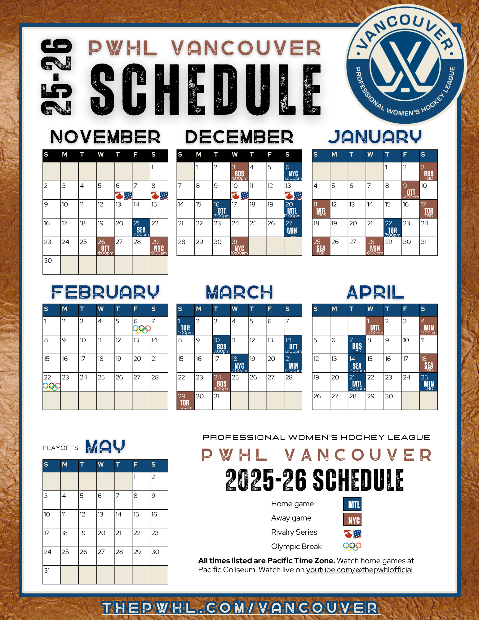 Printable Season Calendars For 2025 2026 Teams R PWHL