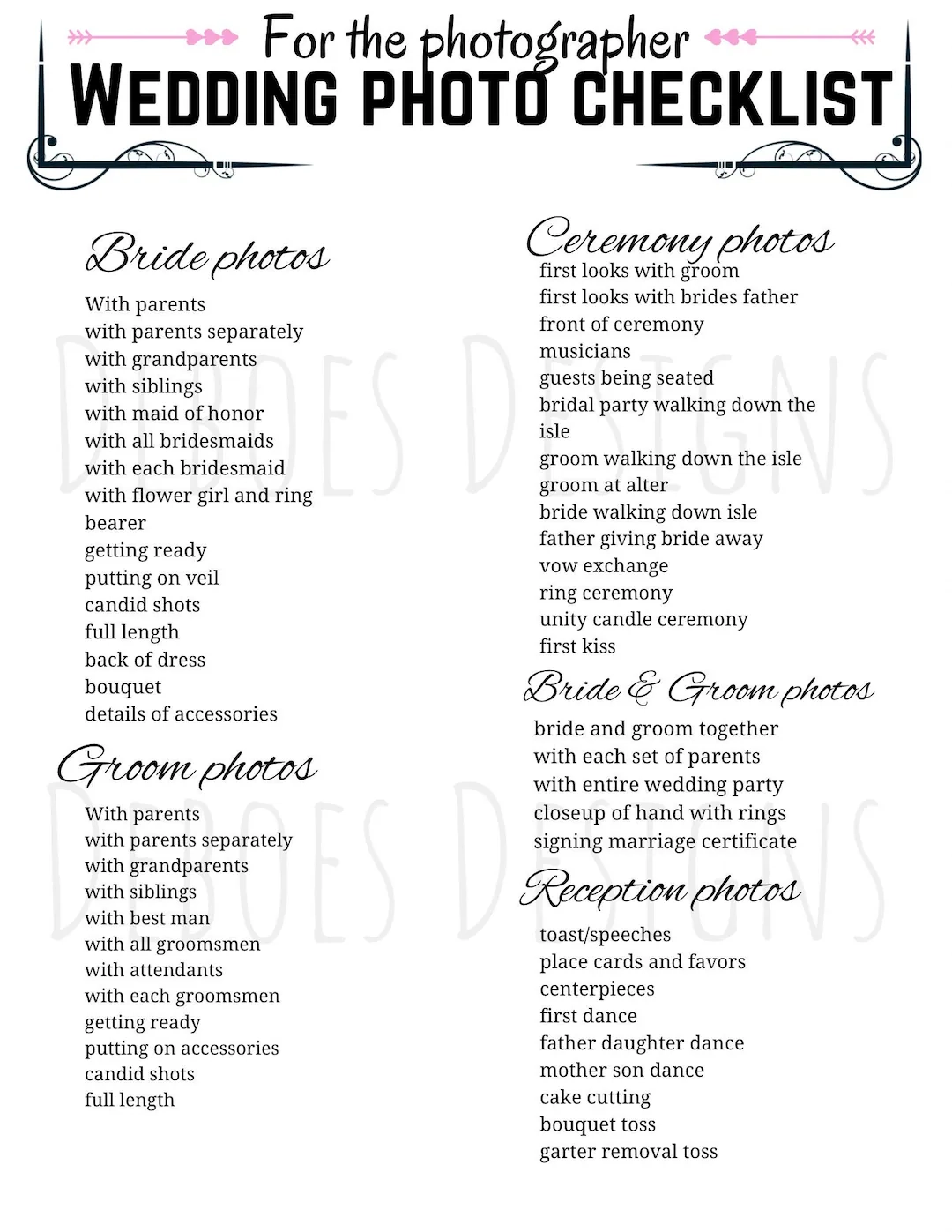 Printable Wedding Photo List For The Photographer Wedding Pictures Digital Download Wedding Printable Wedding Planning Etsy