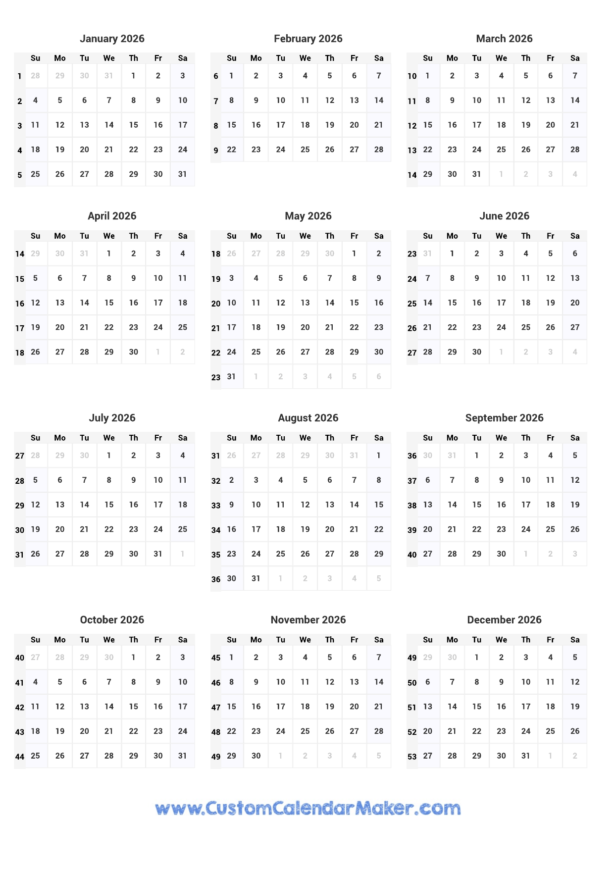 Printable Yearly Calendar 2026 Full Year At A Glance Custom Calendar Maker