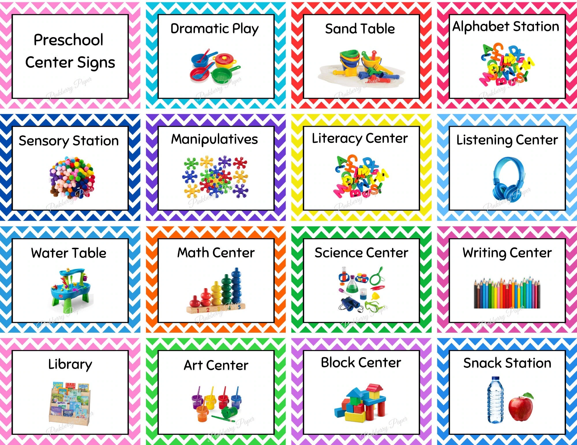 Rainbow Chevron Preschool Center Signs Set Of 15 Printable Classroom Labels Instant Download Etsy