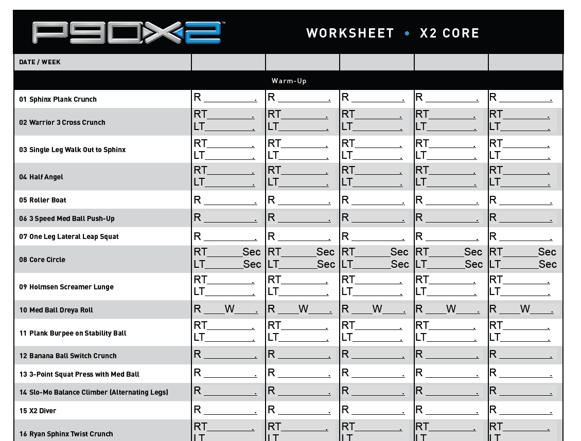 Reverse The Trend P90X2 Workout Sheet LARGE PRINT Worksheets Library