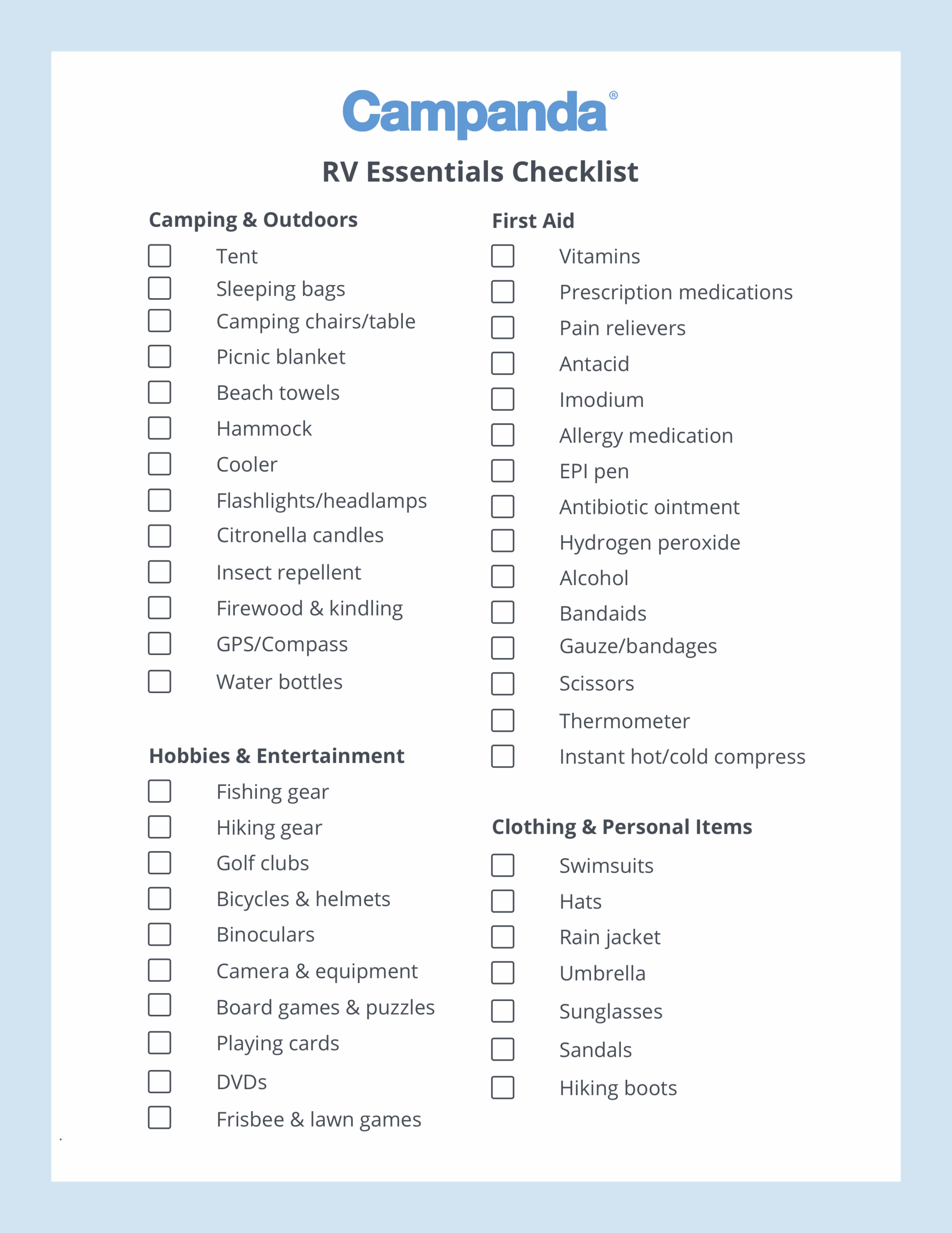 RV Checklists 6 Printable Packing Lists Campanda
