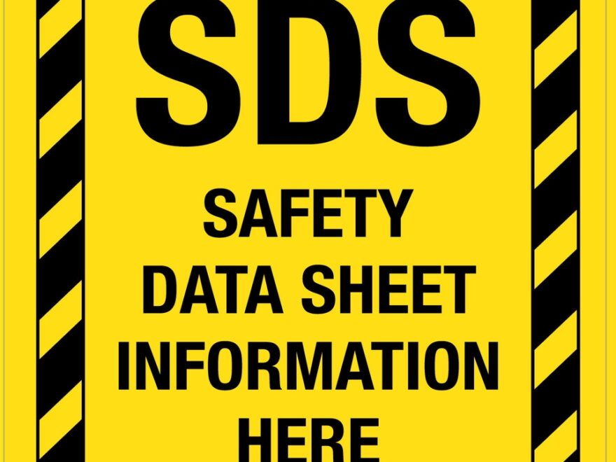 SDS Safety Data Sheet Information Here With Black And Yellow Hazard Lines Portrait Wall Sign
