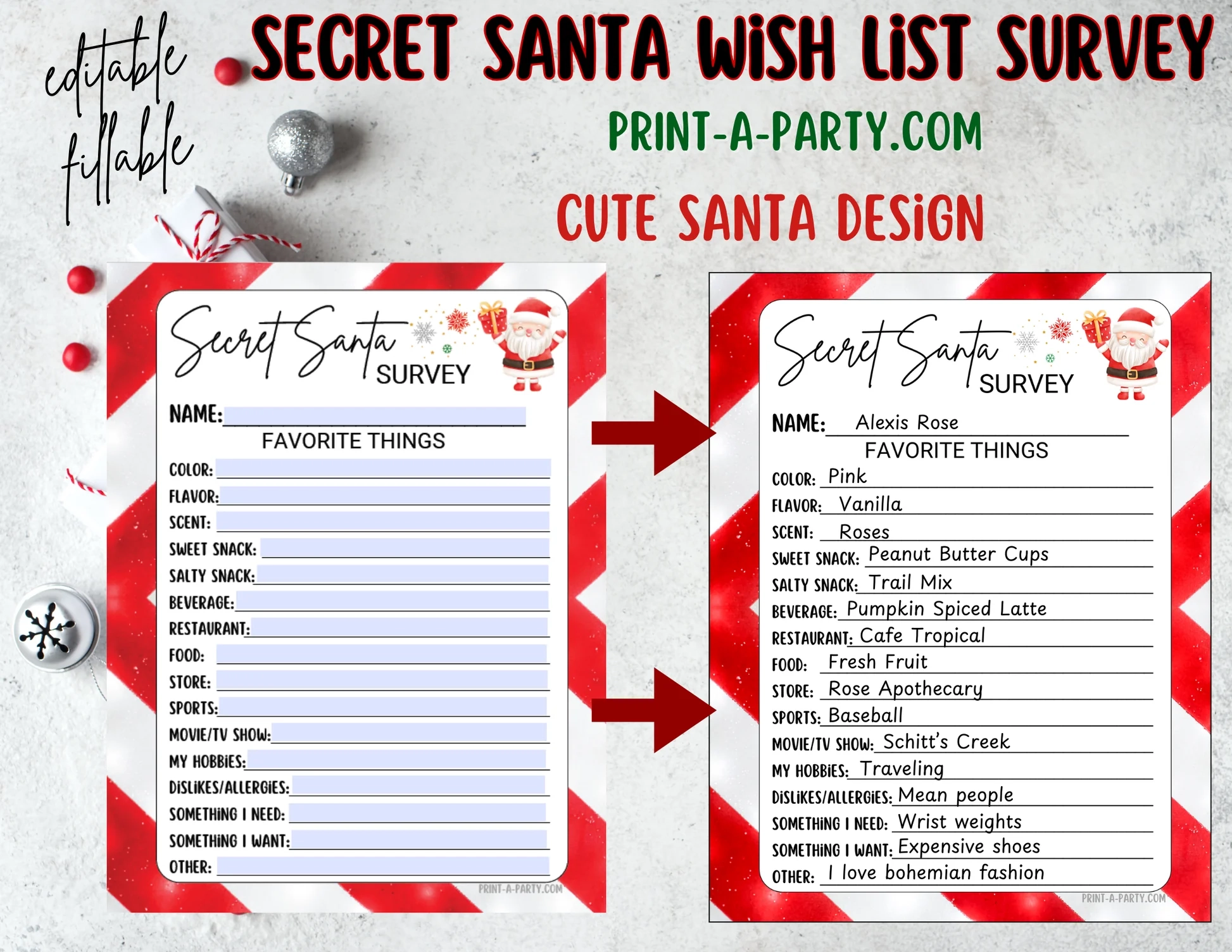 SECRET SANTA EDITABLE Fillable Secret Santa Wish List Fillable PDF PrintAParty