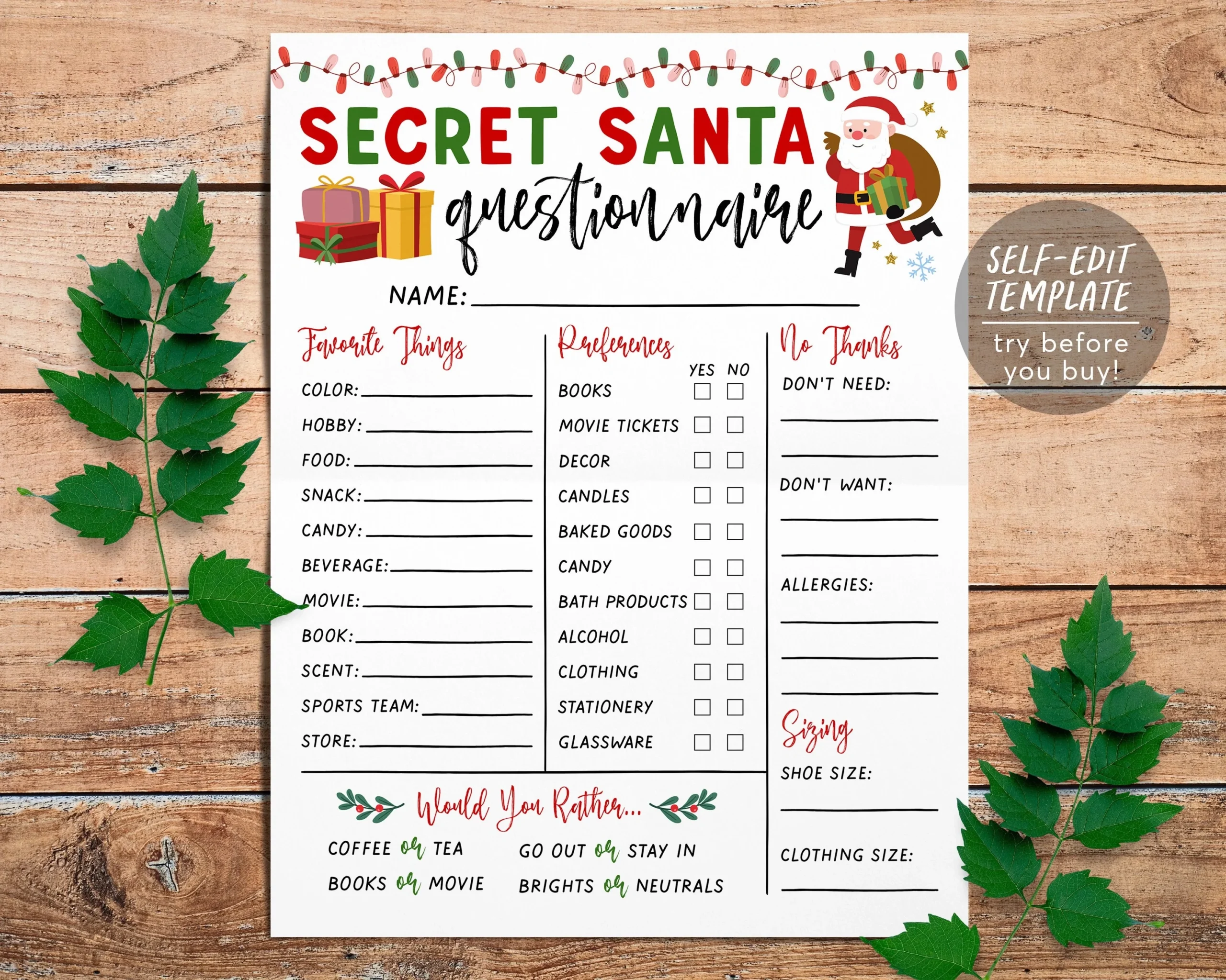 Printable Secret Santa Wish Lists