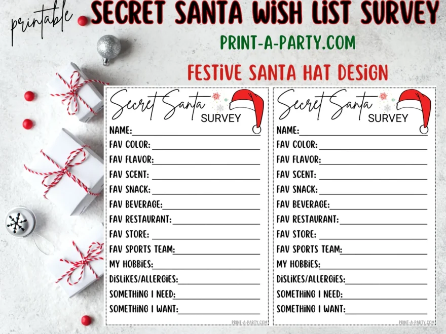 SECRET SANTA SURVEY Printable Secret Santa Wish List Holiday Gift Ex PrintAParty