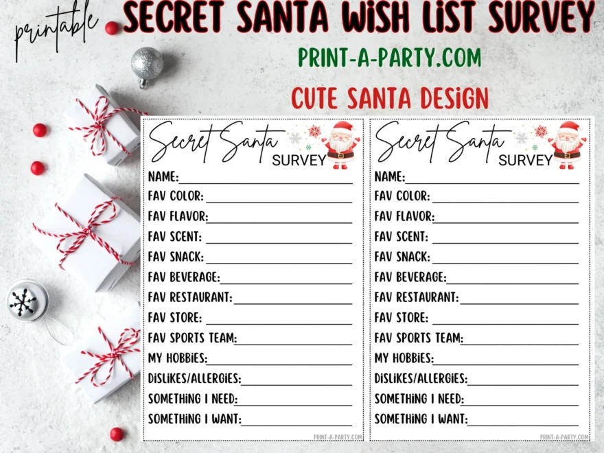 SECRET SANTA SURVEY Printable Secret Santa Wish List Holiday Gift Ex PrintAParty