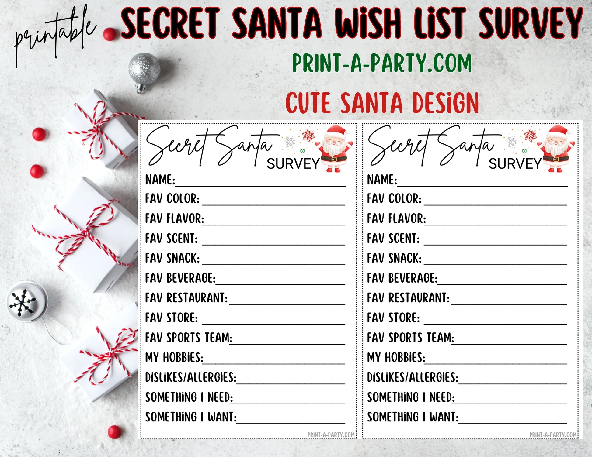 SECRET SANTA SURVEY Printable Secret Santa Wish List Holiday Gift Ex PrintAParty