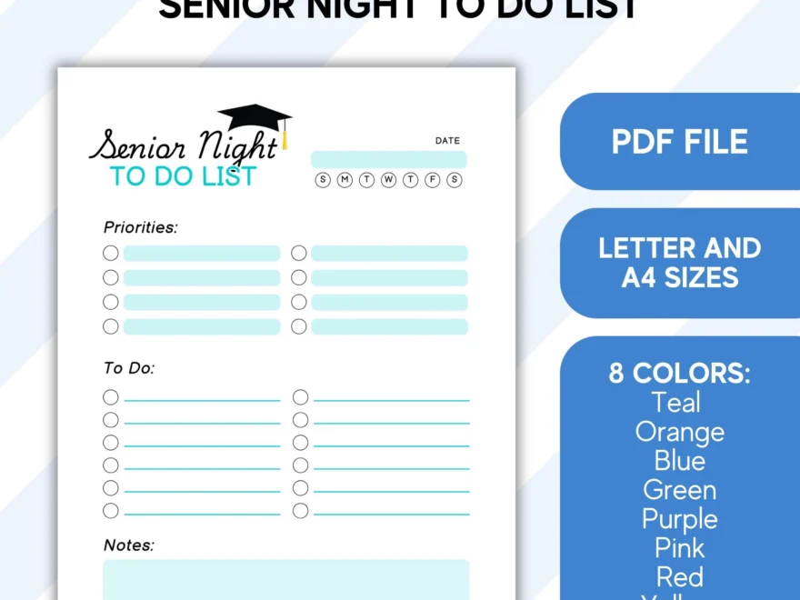 Senior Night Checklist PDF Digital Printable To Do List For Senior Night 2 Sizes And 8 Colors Etsy