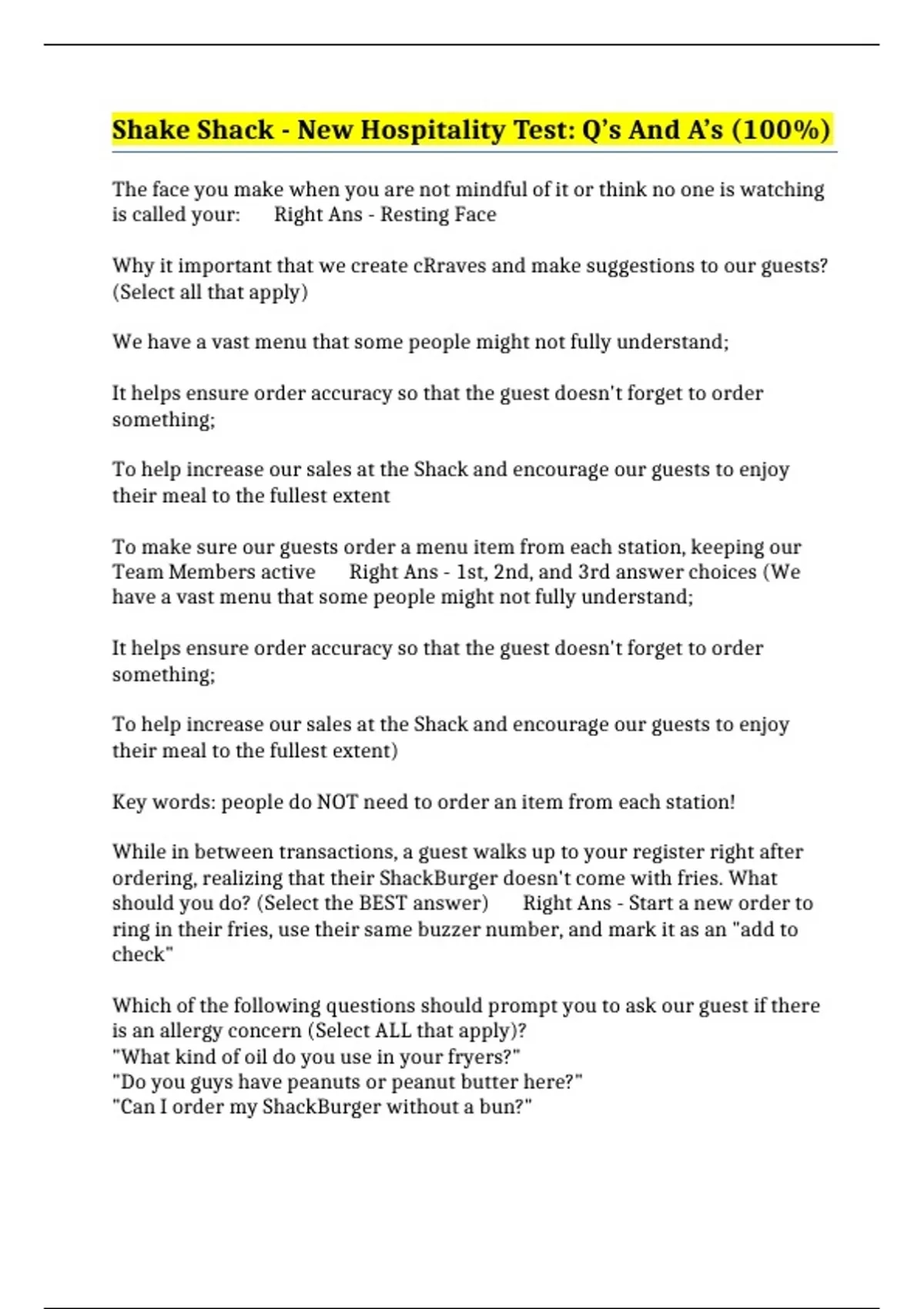 Shake Shack New Hospitality Test Q s And A s 100 SHAKE SHACK Stuvia US