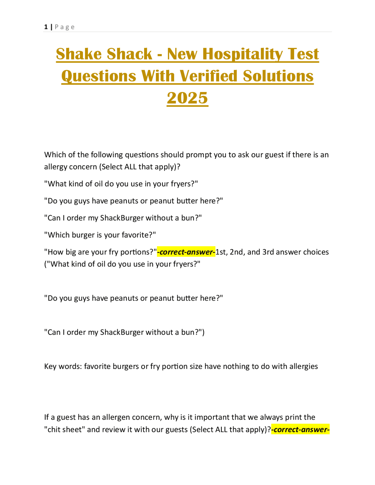 Shake Shack New Hospitality Test Questions With Verified Solutions 2025 Exams Hospitality And Tourism Docsity