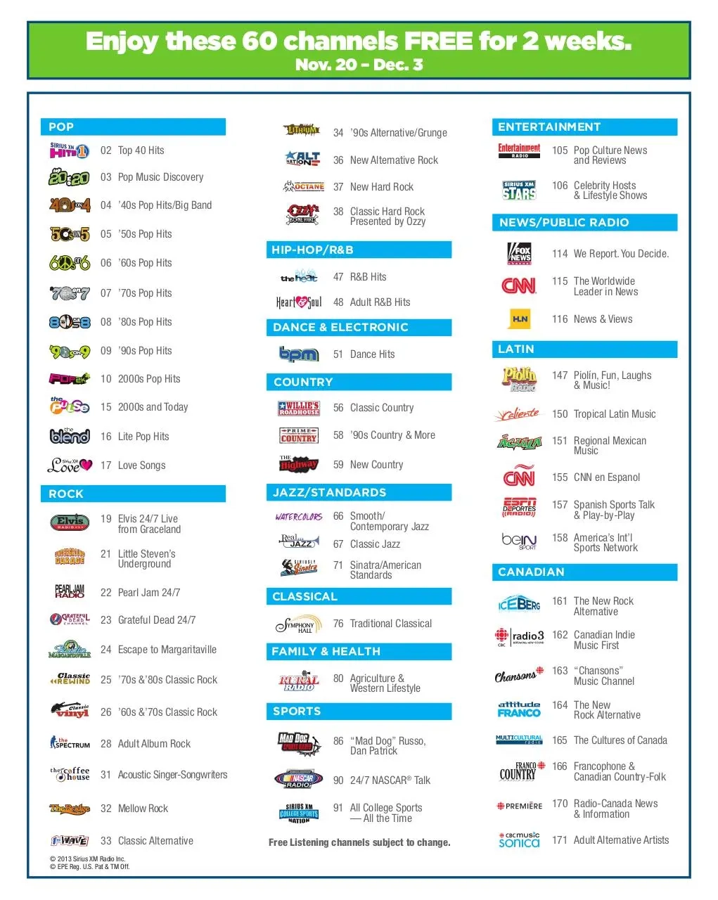 Printable List Of Sirius Xm Channels