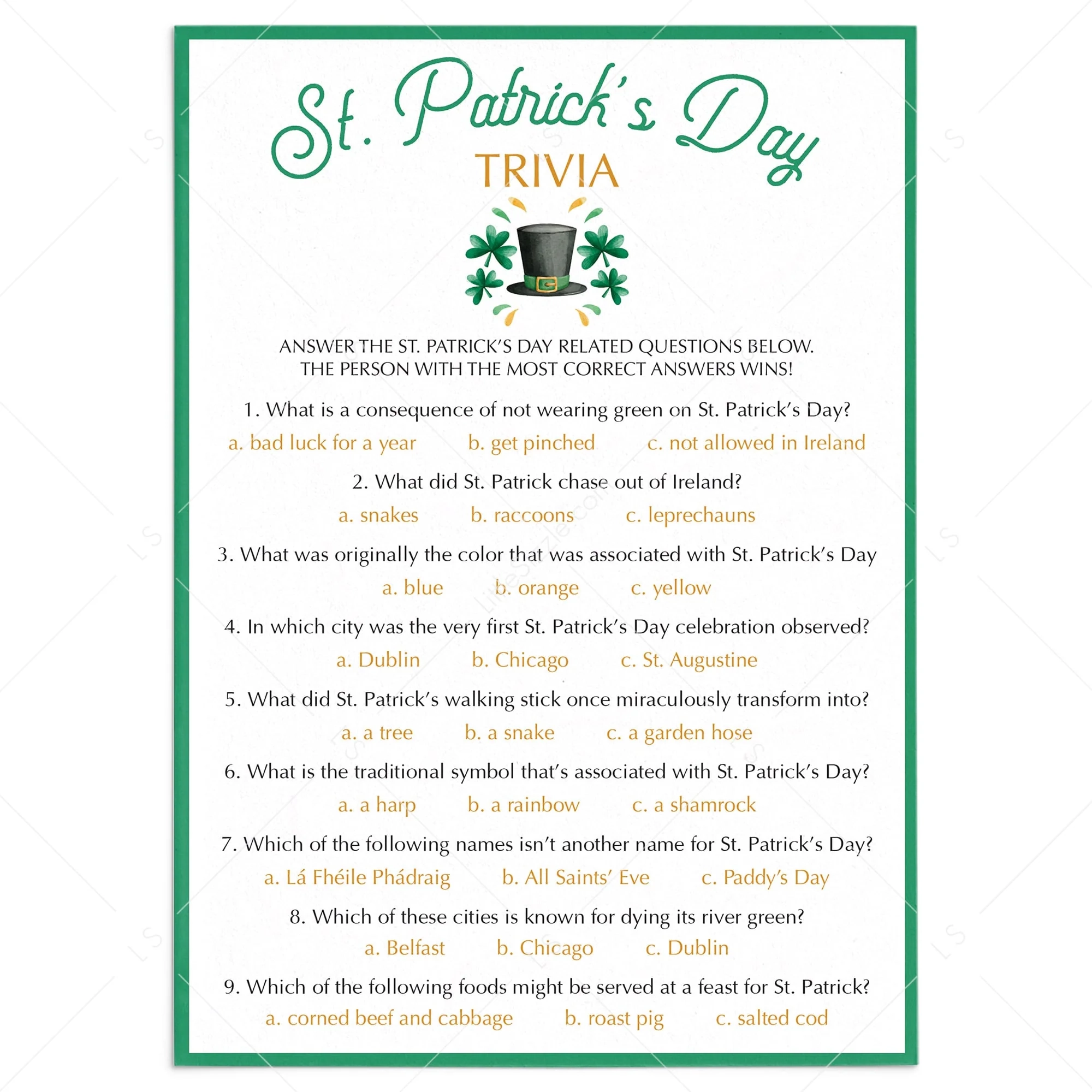 St Patrick s Day Trivia Printable Virtual Quiz Templates Download LittleSizzle