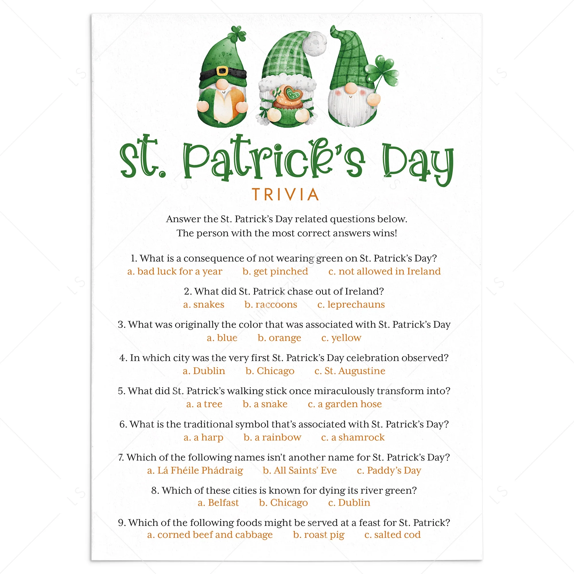 St Patricks Day Printable Quiz