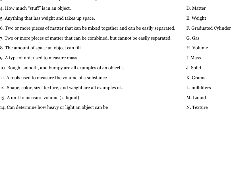 States Of Matter Vocabulary Quiz Worksheet WordMint