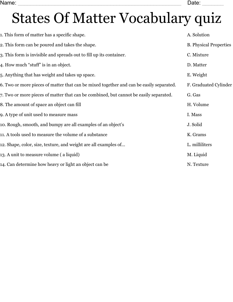 States Of Matter Vocabulary Quiz Worksheet WordMint
