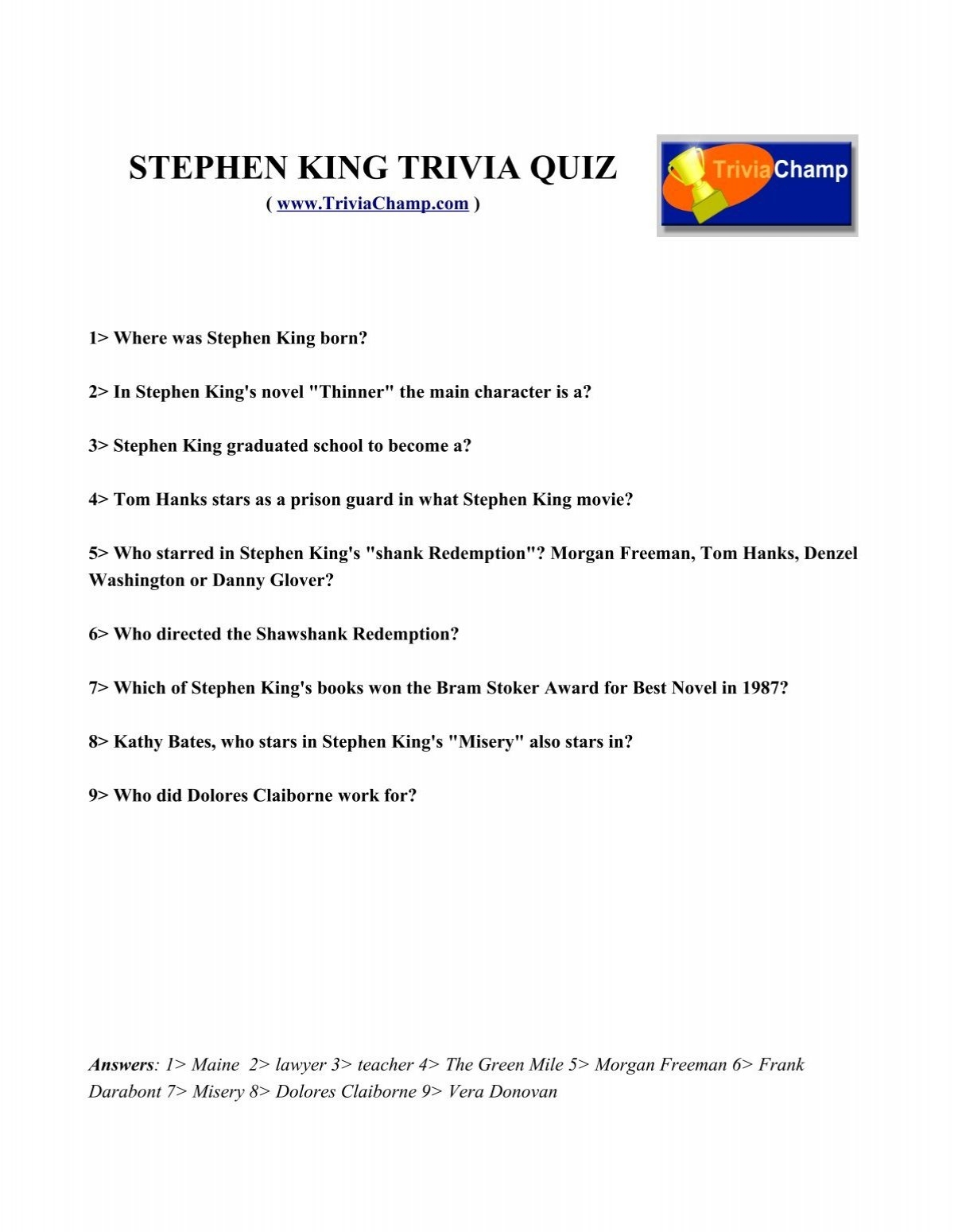 STEPHEN KING TRIVIA QUIZ Trivia Champ