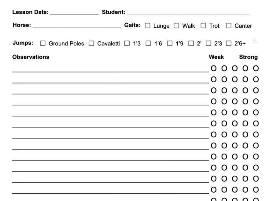 Student Horseback Riding Lesson Record White Oak Stables