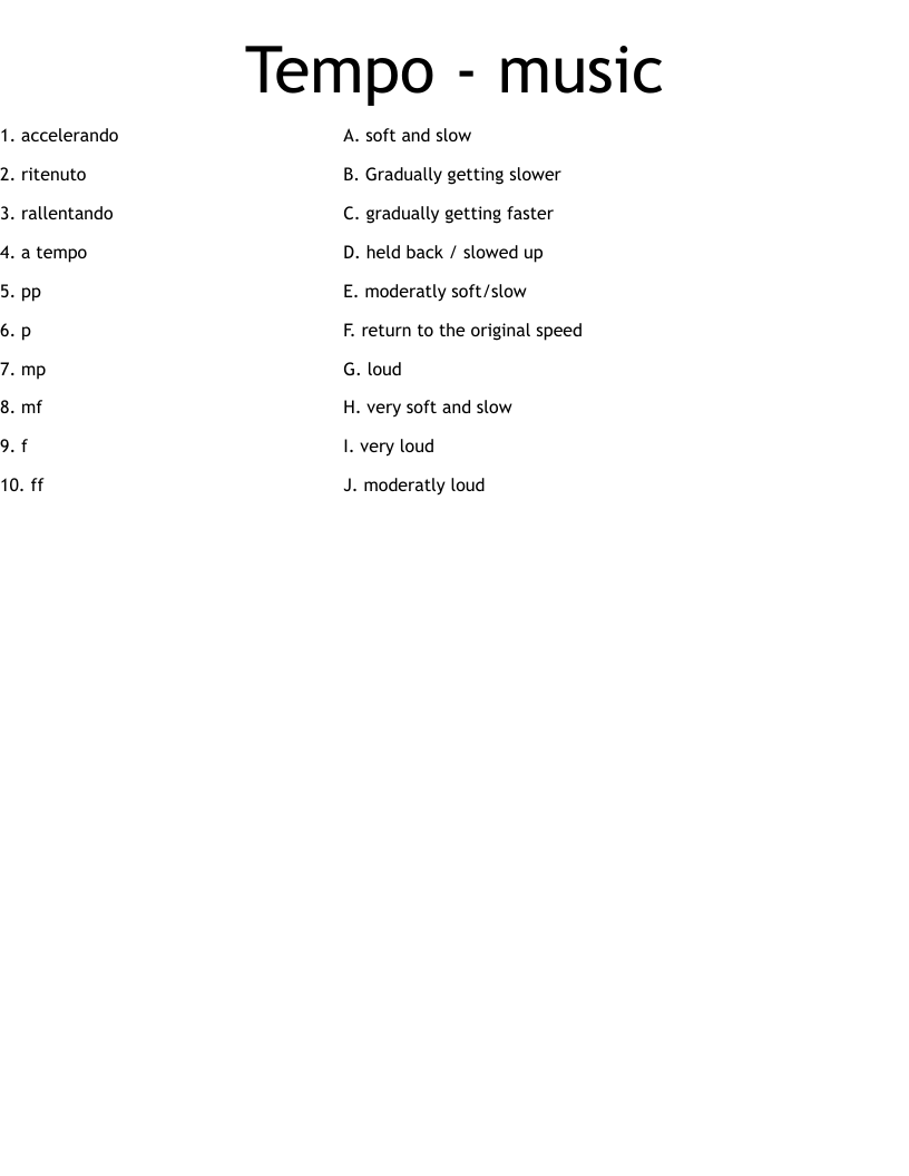 Tempo Music Worksheet WordMint