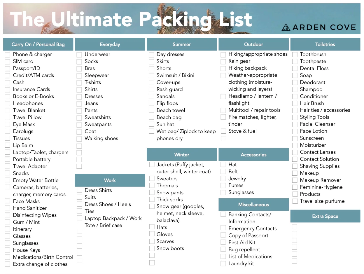 Ultimate Vacation Packing Travel Checklist Free Printable PDF Ultimate Vacation Packing Travel Checklist Free Printable PDF
