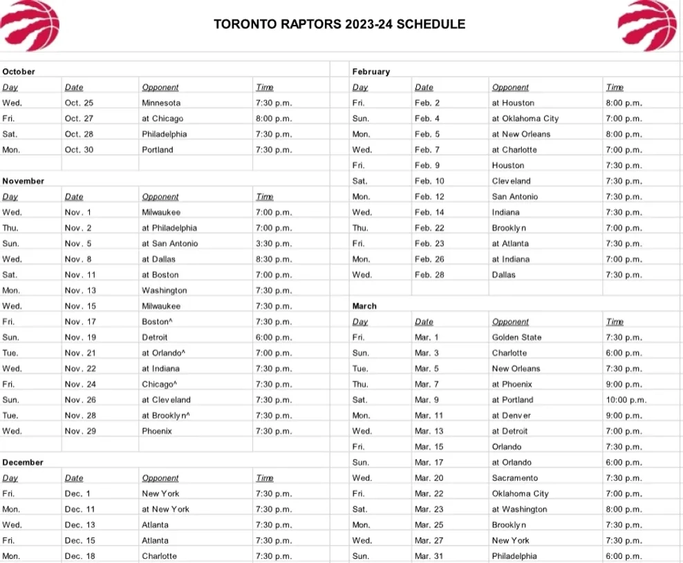 Toronto Raptors Schedule Printable