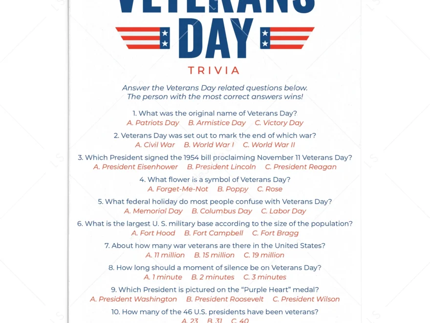 Veterans Day Trivia Quiz With Answers Printable Instant Download LittleSizzle