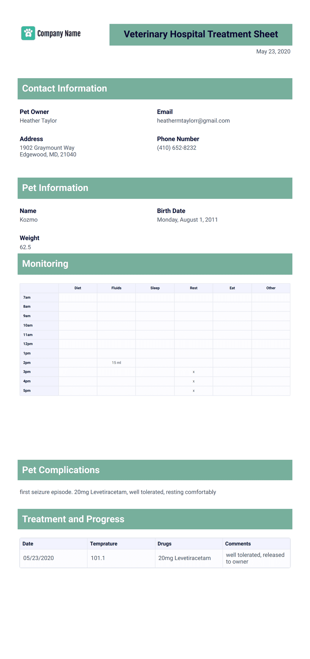 Veterinary Hospital Treatment Sheet Template PDF Templates Jotform