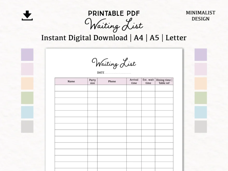 Waiting List Digital Download PDF Printable A4 A5 Letter Table Wait List Restaurant Wait List Waiting Log Book Etsy