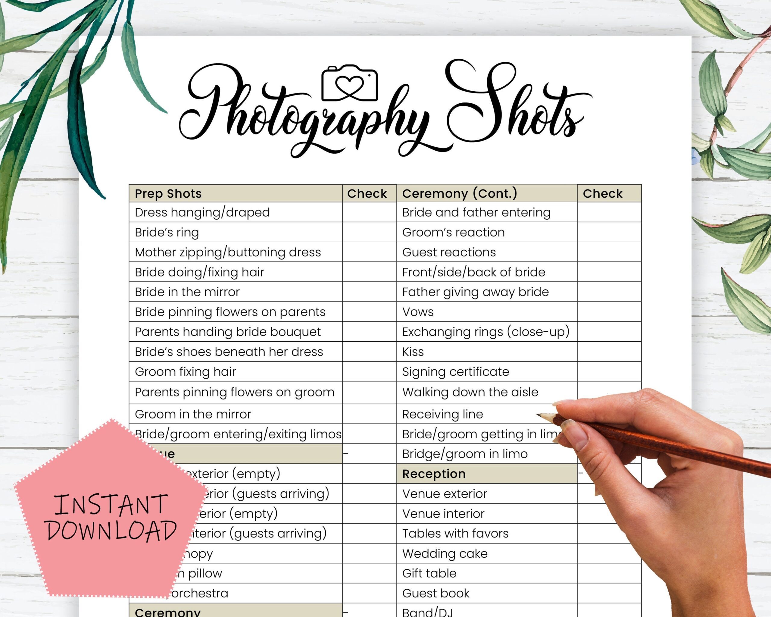 Printable Wedding Shot List