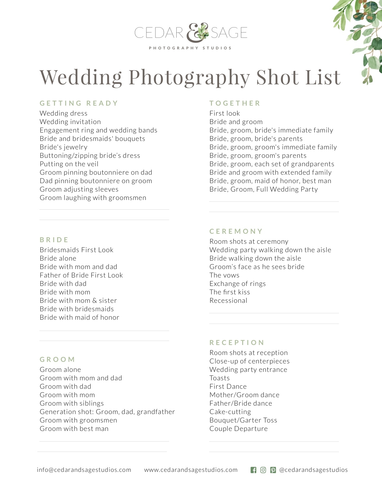 Wedding Photography Shot List Cedar Sage Studios Blog