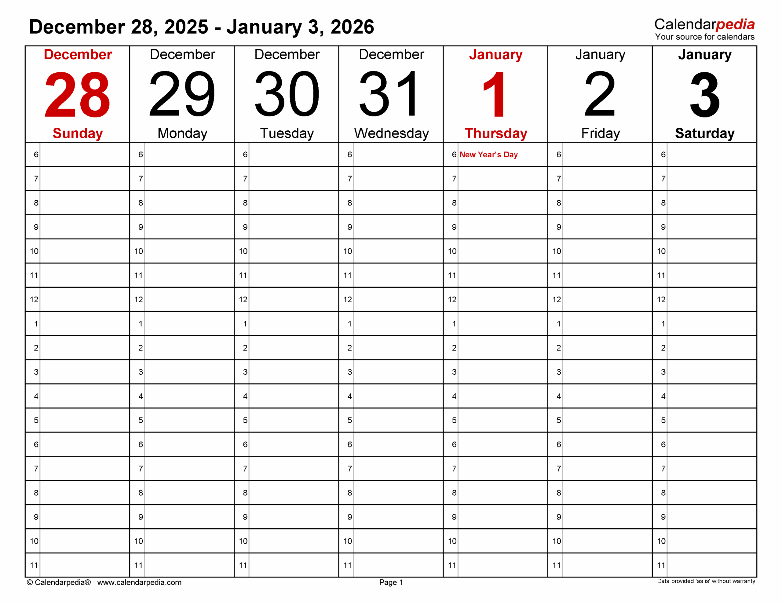 Printable Weekly Hourly Planner December 2026