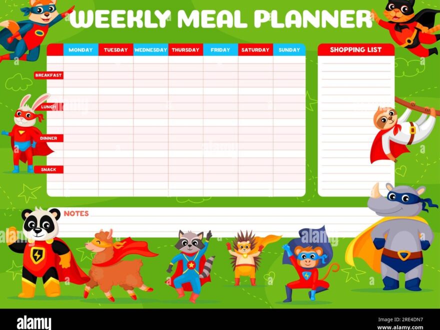 Weekly Meal Planner Cartoon Superhero Animal Characters Diet Food Plan Or Week Menu Vector Template Meal