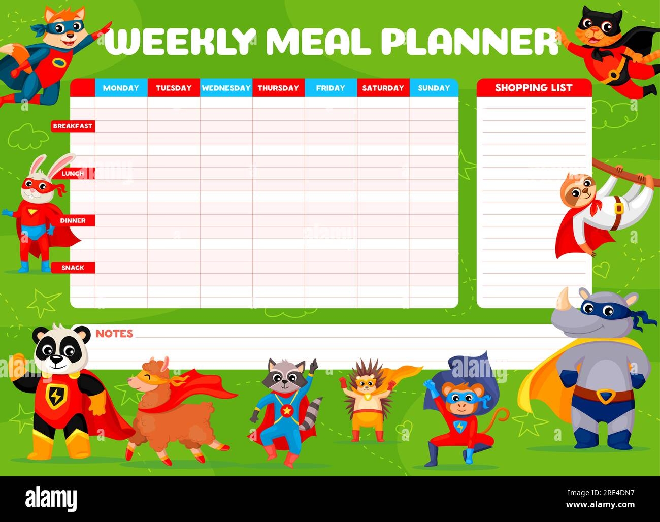 Weekly Meal Planner Cartoon Superhero Animal Characters Diet Food Plan Or Week Menu Vector Template Meal Weekly Meal Planner Cartoon Superhero Animal Characters Diet Food Plan Or Week Menu Vector Template Meal