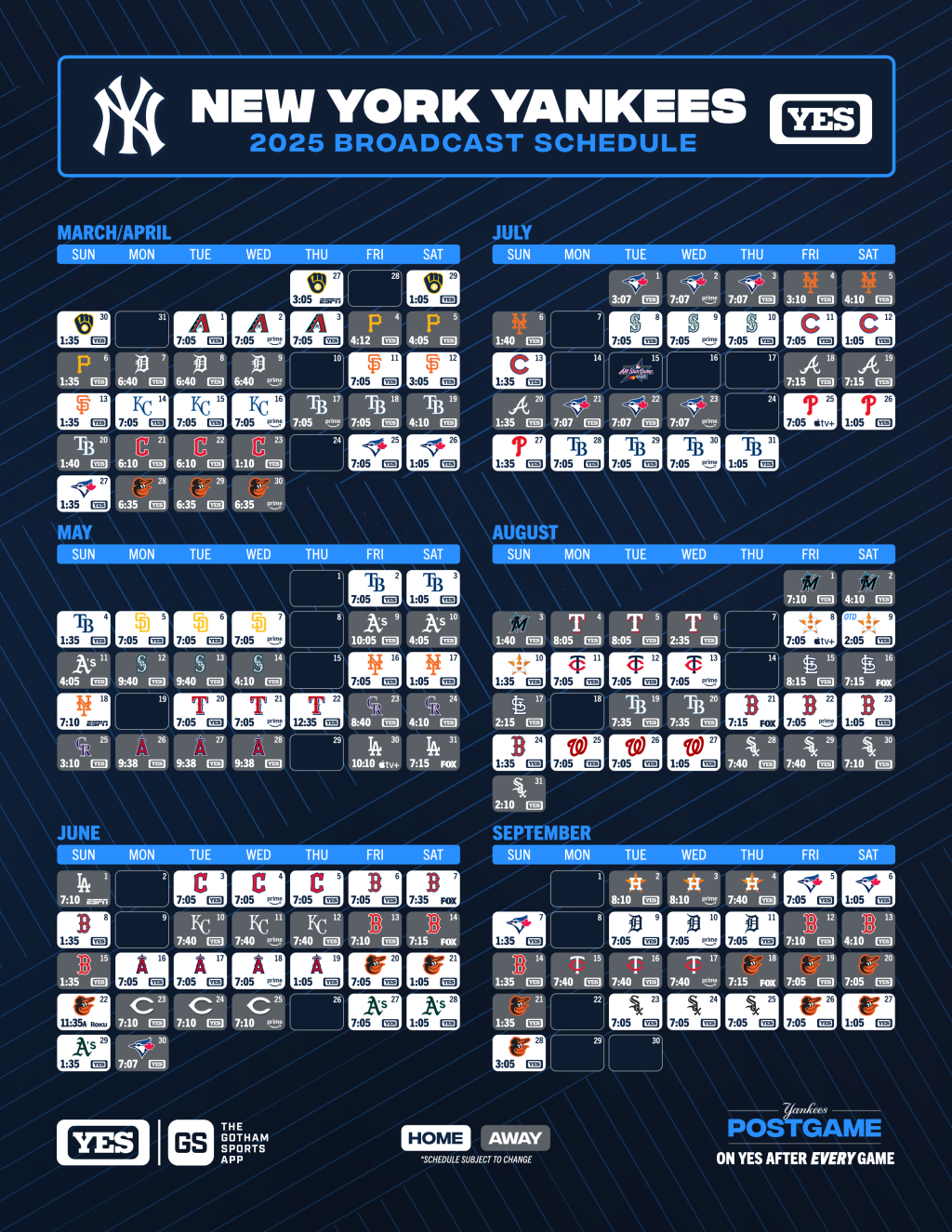 YES Yankees Broadcast Schedule YES Network YES Network